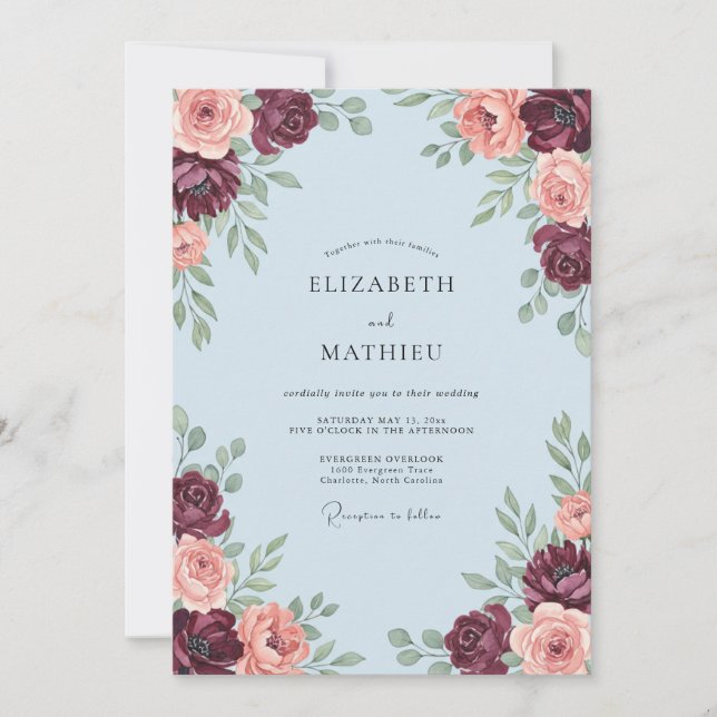 Convites Casamento Romance Flor de Bege Borgonha (Frente)
