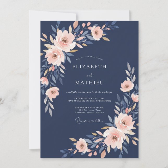 Convites Casamento Romance Flor de Blossom Navy Soft (Frente)