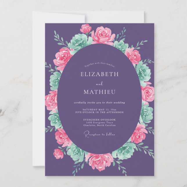 Convites Casamento Romance Flor de Blossom Roxo (Frente)
