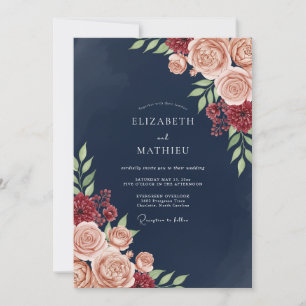 Convites Casamento Romance Flor de Blush Marinho