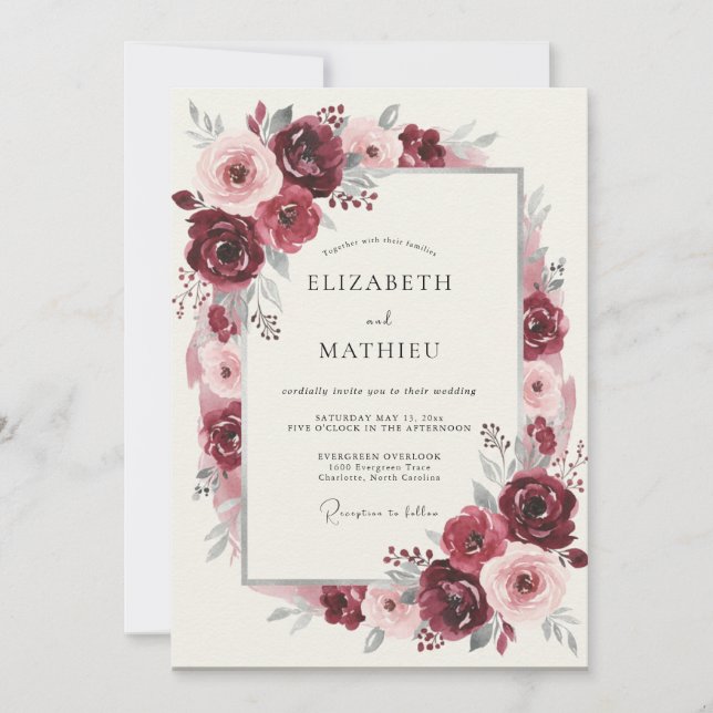 Convites Casamento Romance Flor de Borgonha (Frente)