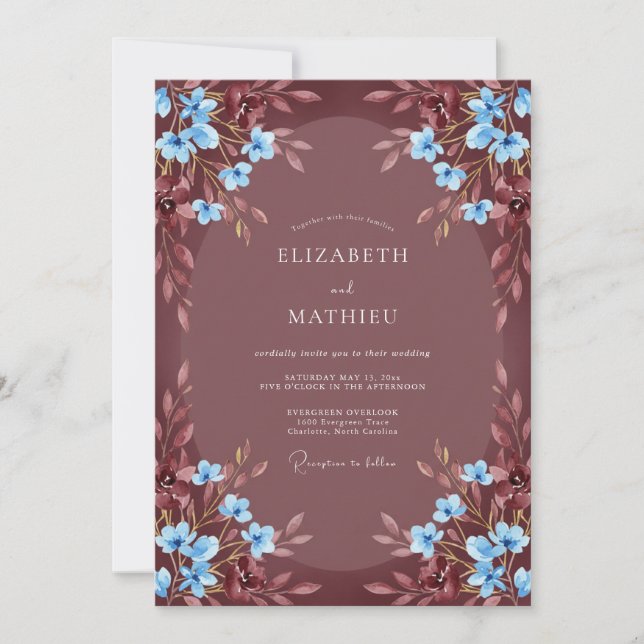 Convites Casamento Romance Flor de Borgonha Azul (Frente)