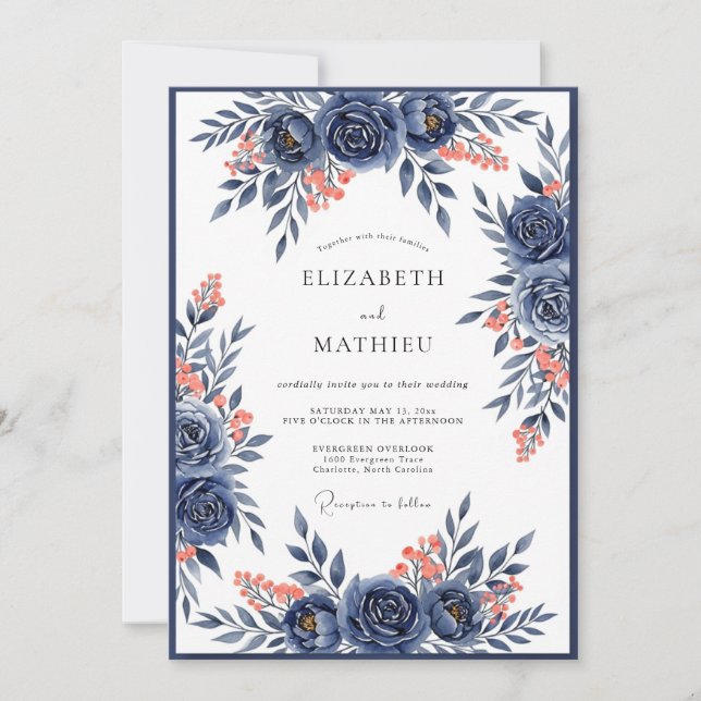 Convites Casamento Romance Flor de Coral Marinho (Frente)
