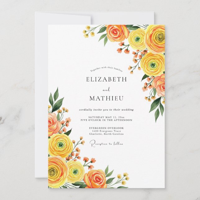 Convites Casamento Romance Flor de Laranja Amarelo (Frente)