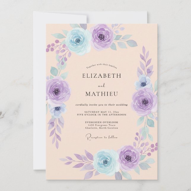 Convites Casamento Romance Flor de Lavanda Azul (Frente)
