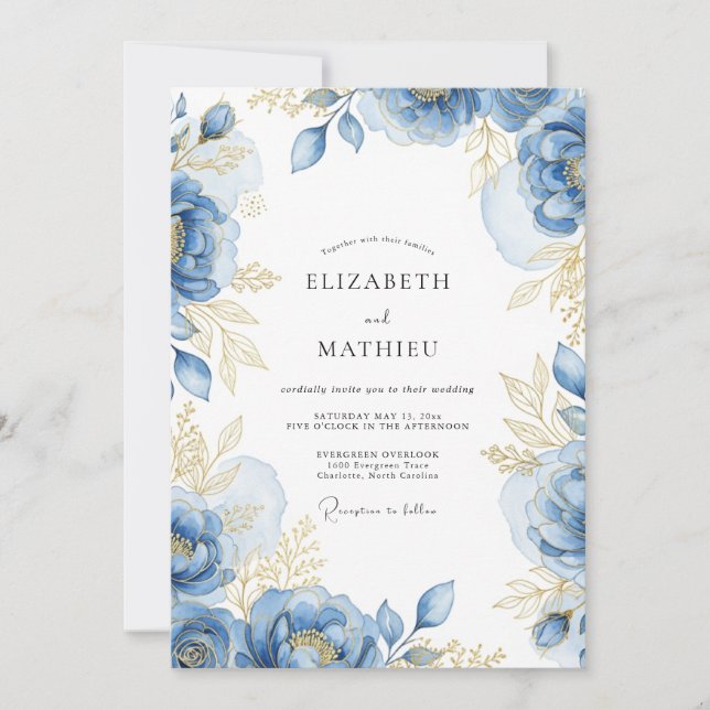 Convites Casamento Romance Flor de Ouro Azul (Frente)