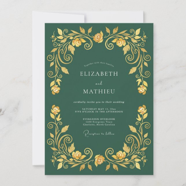 Convites Casamento Romance Flor de Ouro Esmeralda (Frente)