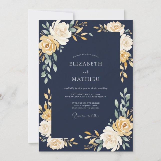 Convites Casamento Romance Flor de Ouro Marinho (Frente)