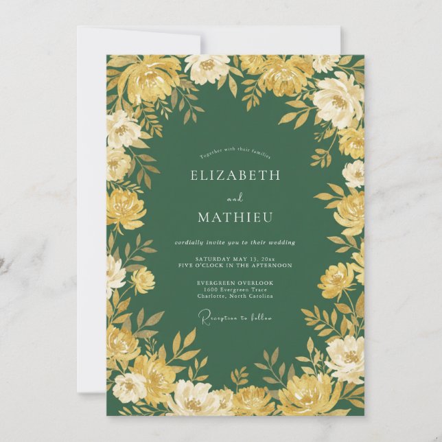 Convites Casamento Romance Flor de Ouro Verde Floresta (Frente)