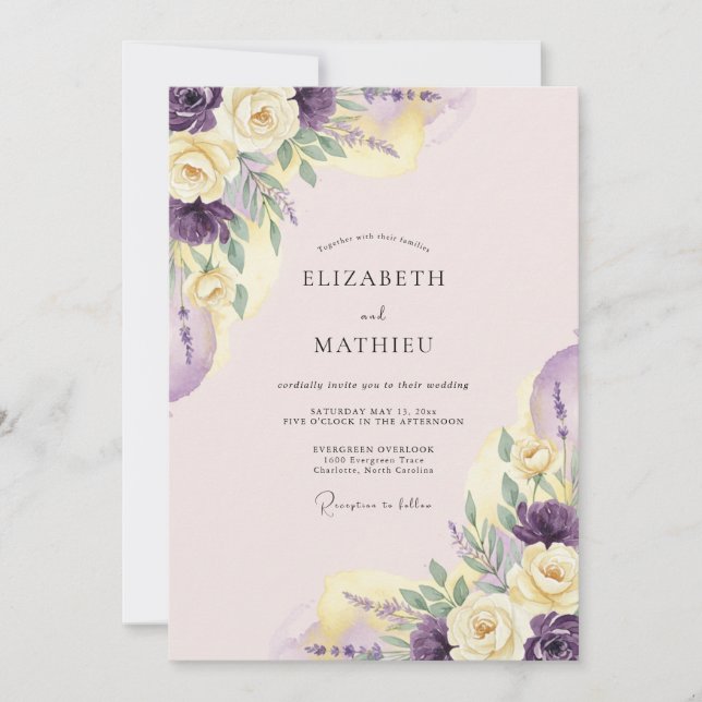 Convites Casamento Romance Flor de Pastel Roxo (Frente)