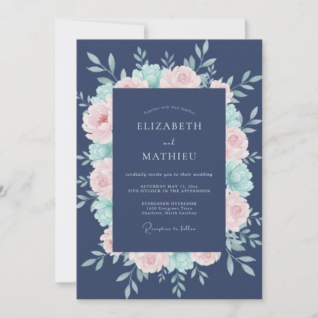 Convites Casamento Romance Flor de Peônia Azul-Marinho (Frente)