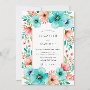 Convites Casamento Romance Flor de Pêssego Azul