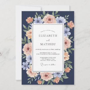 Convites Casamento Romance Flor de Pessegueiro Marinho