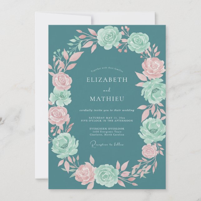 Convites Casamento Romance Flor de Teal (Frente)