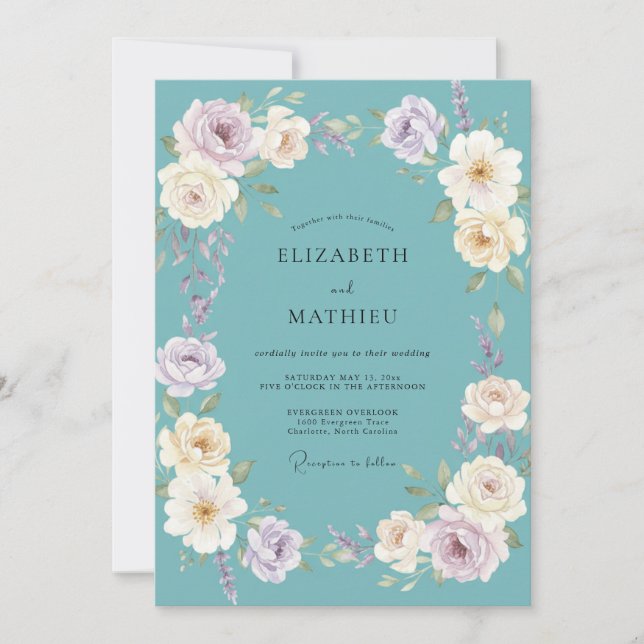 Convites Casamento Romance Flor de Tília Teal (Frente)
