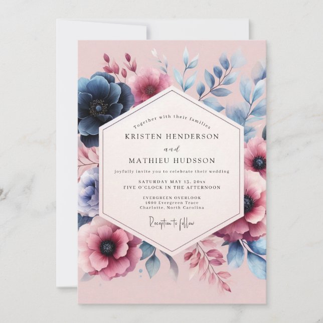 Convites Casamento Romance Flor Desbotada Azul (Frente)