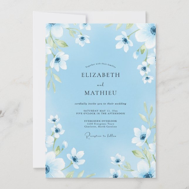 Convites Casamento Romance Flor Suave Azul (Frente)
