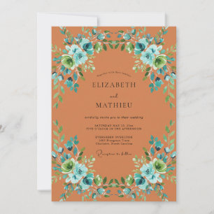 Convites Casamento Romance Flor Terracota Azul-Ciano