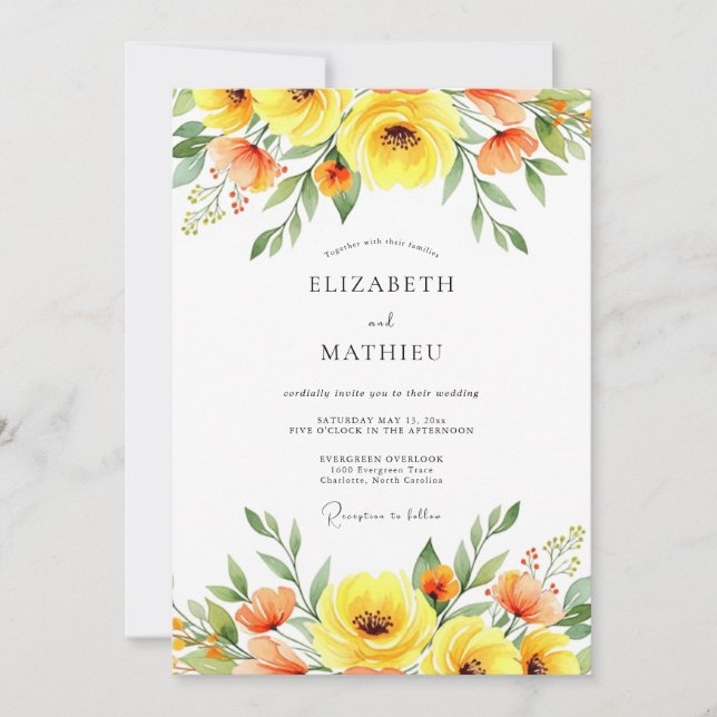 Convites Casamento Romance Floral Amarelo (Frente)