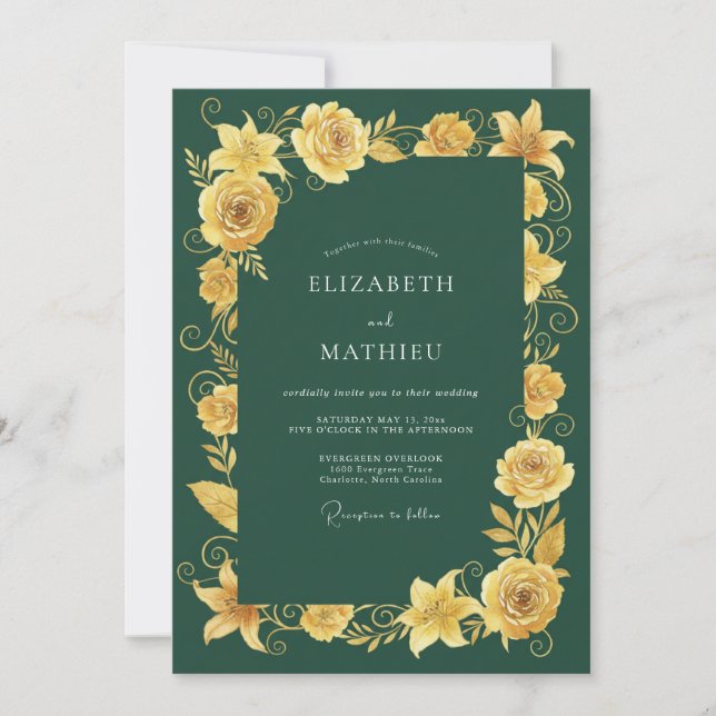 Convites Casamento Romance Floral Amarelo Dourado (Frente)