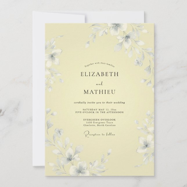 Convites Casamento Romance Floral Amarelo Pálido (Frente)