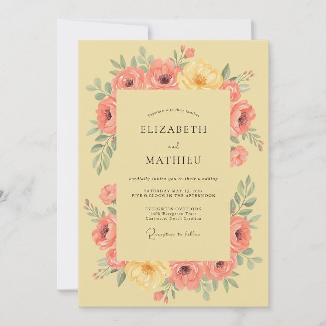 Convites Casamento Romance Floral Amarelo Pêssego (Frente)