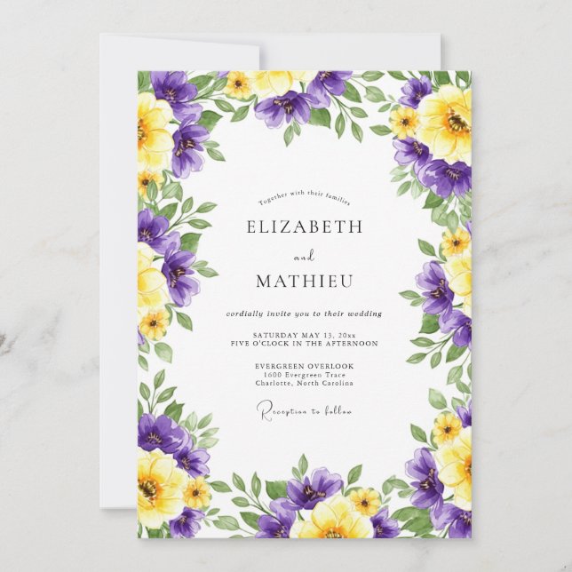 Convites Casamento Romance Floral Amarelo Roxo (Frente)