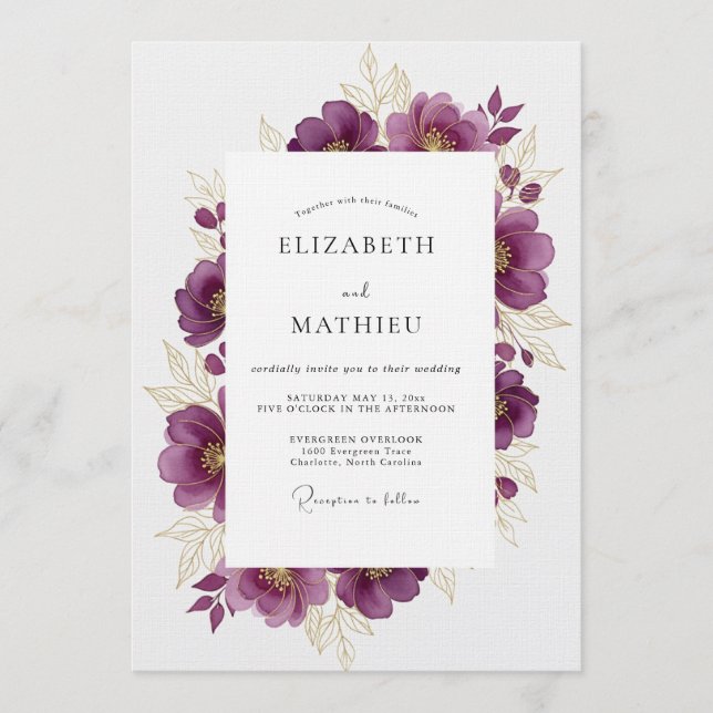 Convites Casamento Romance Floral Ameixa (Frente)