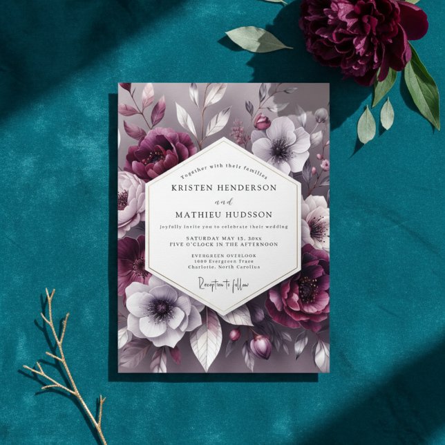 Convites Casamento Romance Floral Ameixa (Criador carregado)