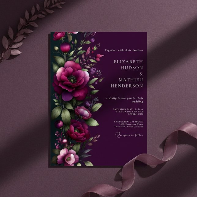 Convites Casamento Romance Floral Ameixa Moody (Criador carregado)