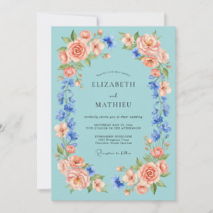 Convites Casamento Romance Floral Aquamarine de Pêssego