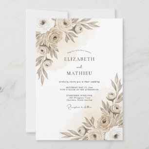 Convites Casamento Romance Floral Artístico Bege