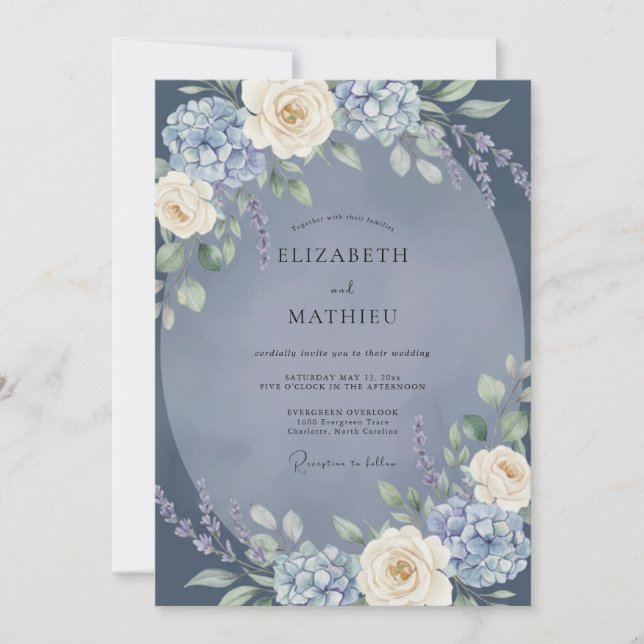 Convites Casamento Romance Floral Azul (Frente)