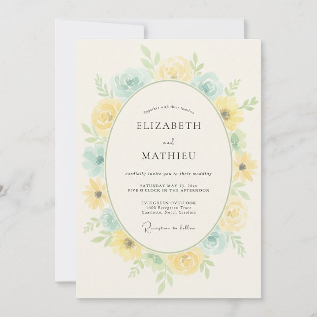 Convites Casamento Romance Floral Azul Amarelo (Frente)