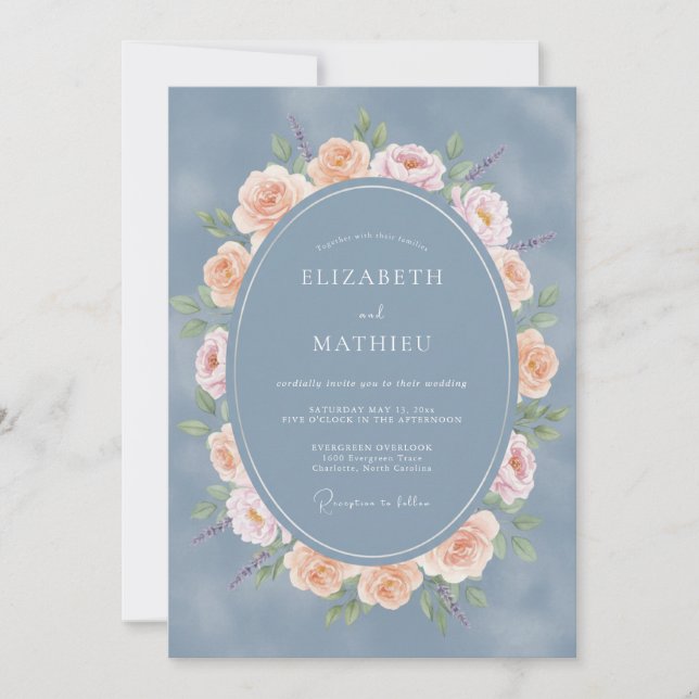 Convites Casamento Romance Floral Azul Ardósia (Frente)