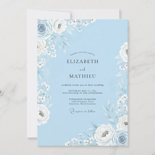 Convites Casamento Romance Floral Azul Céu (Frente)
