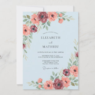 Convites Casamento Romance Floral Azul Claro