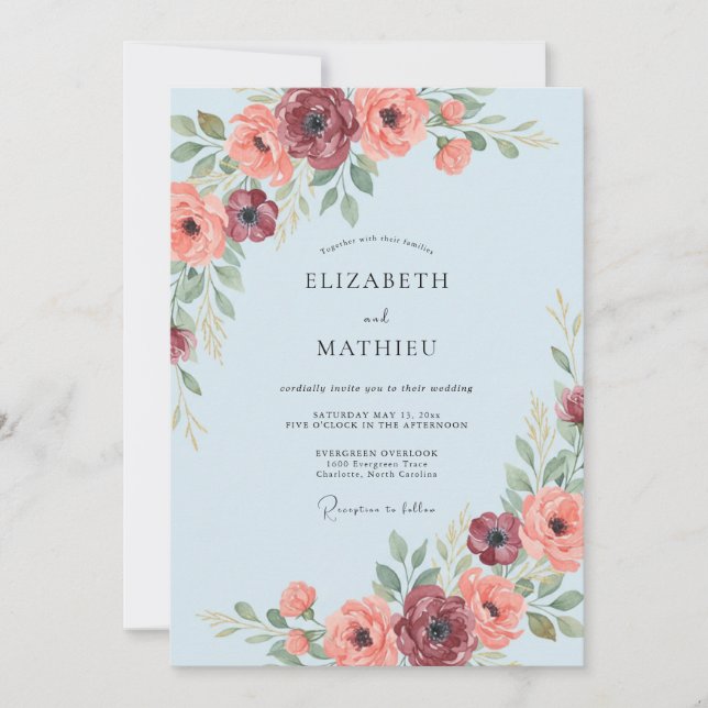 Convites Casamento Romance Floral Azul Claro (Frente)