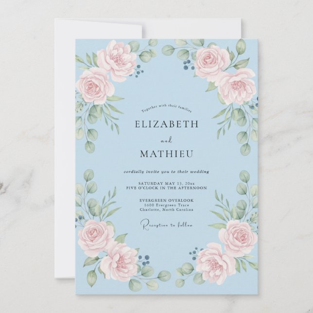 Convites Casamento Romance Floral Azul Claro (Frente)