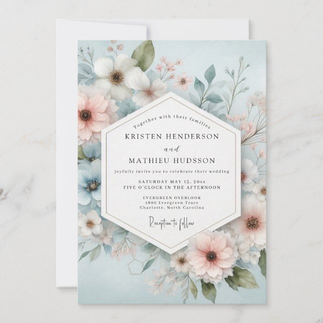 Convites Casamento Romance Floral Azul Claro (Frente)