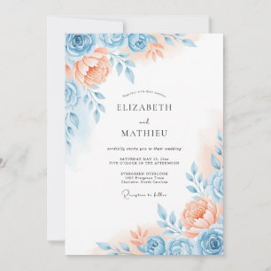 Convites Casamento Romance Floral Azul Coral
