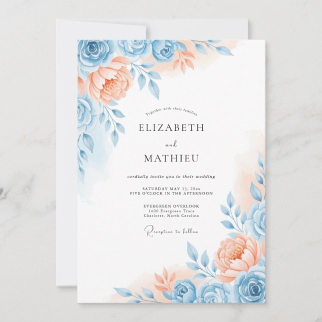 Convites Casamento Romance Floral Azul Coral (Frente)
