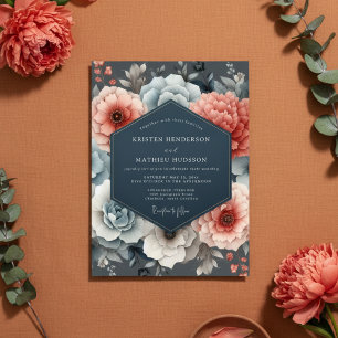 Convites Casamento Romance Floral Azul Coral