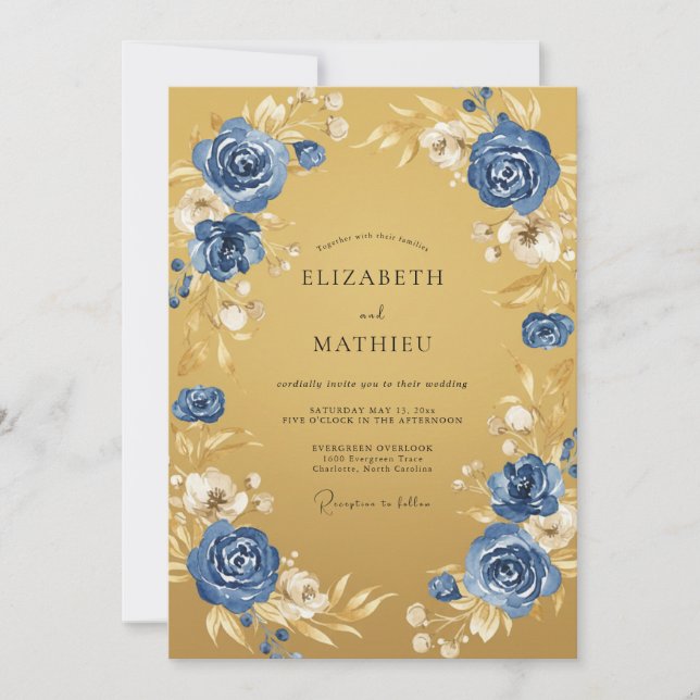 Convites Casamento Romance Floral Azul Dourado (Frente)