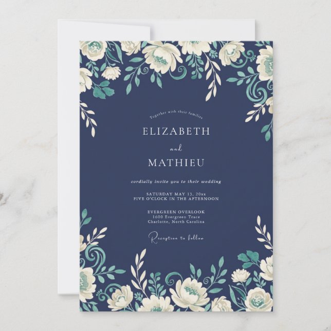 Convites Casamento Romance Floral Azul-Marinho (Frente)