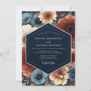 Convites Casamento Romance Floral Azul Marinho de Outono