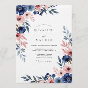 Convites Casamento Romance Floral Azul Marinho e Bege