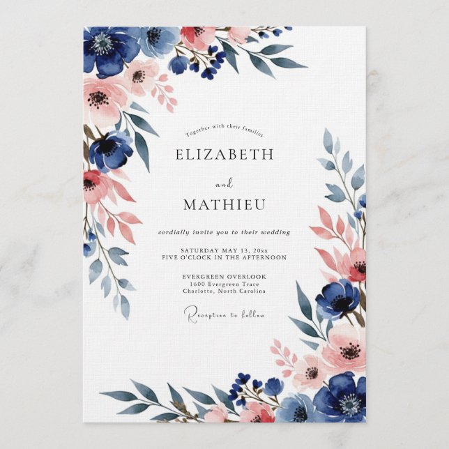 Convites Casamento Romance Floral Azul Marinho e Bege (Frente)