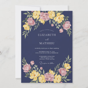 Convites Casamento Romance Floral Azul Marinho Vibrante