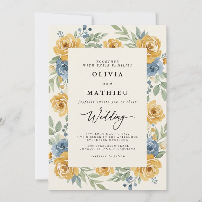 Convites Casamento Romance Floral Azul Ócre (Frente)